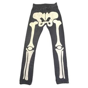 Mnml Skeleton Bone Applique Jeans Washed Black Denim Mens 29 Streetwear